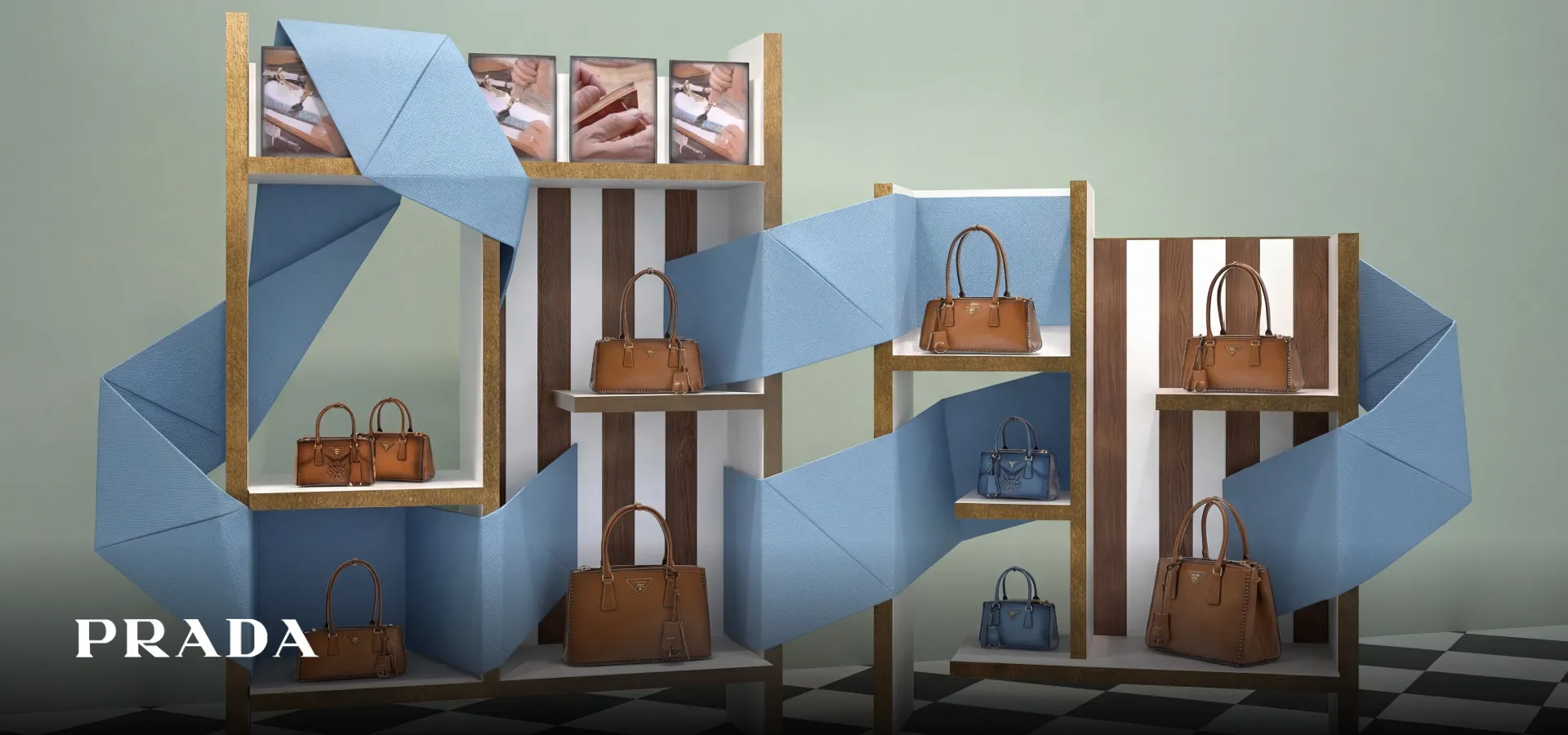 Prada: espositore con borse in pelle e un nastro azzurro di carta ripiegata