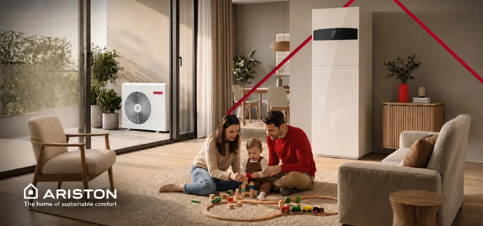 Ariston: una famiglia gioca in un salotto con pompa di calore e caldaia a vista
